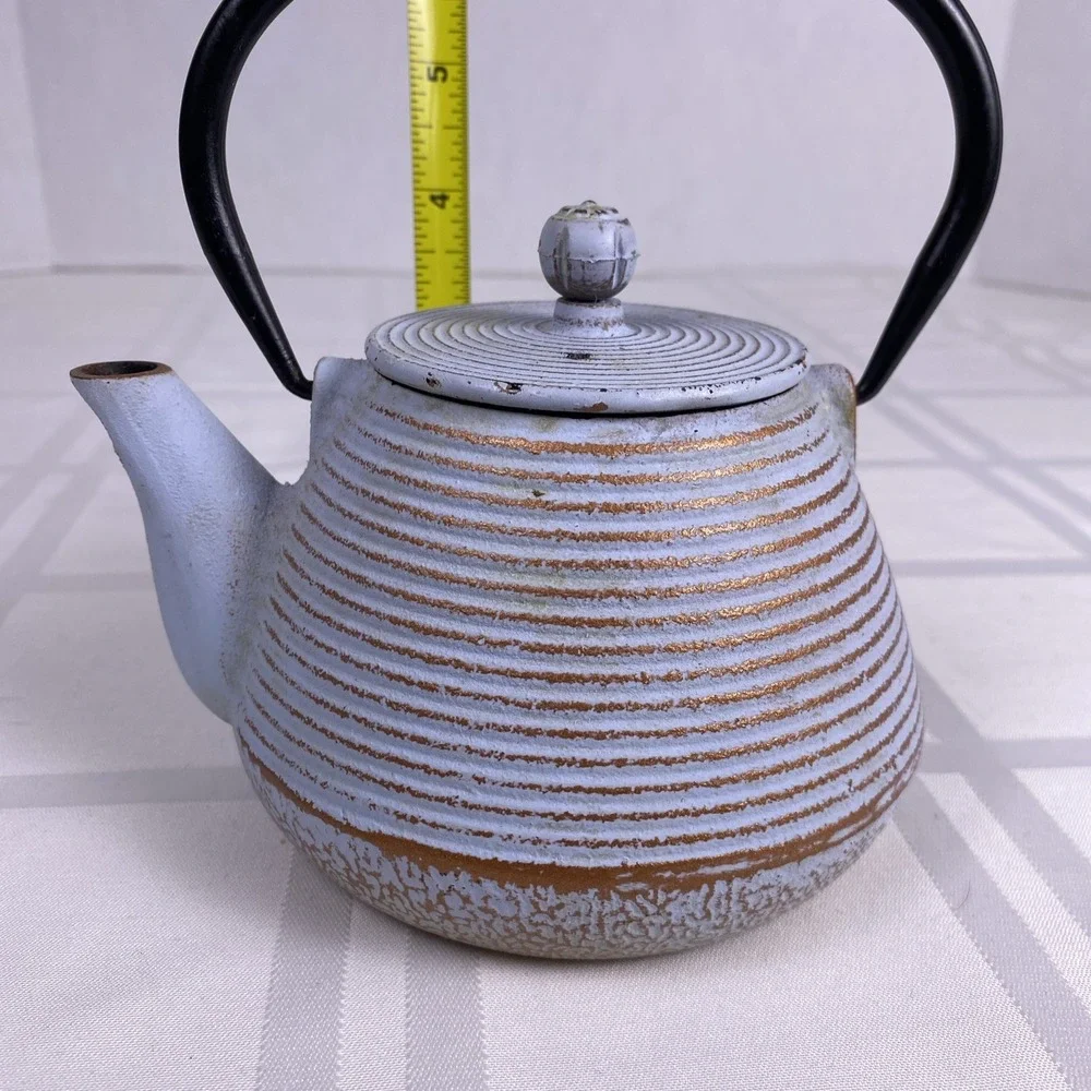 Cast Iron Tea Kettle with lid and‎ handle. Small 14-15oz Blue/Grey with stripes.